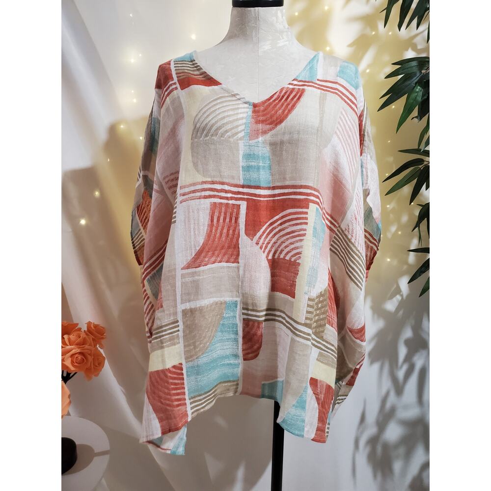 Chicos NWOT Southwestern Linen V Neck Cutout Poncho Top Womens Size L/XL Artsy